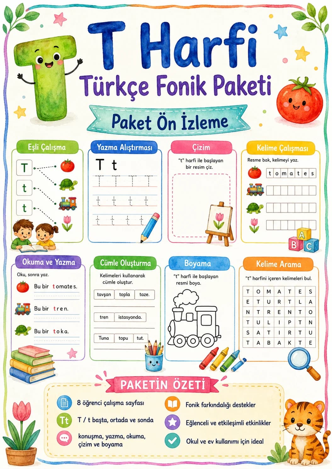 Turkish Letter T Phonics Worksheets Pack printable worksheet pack preview from KiwiBee