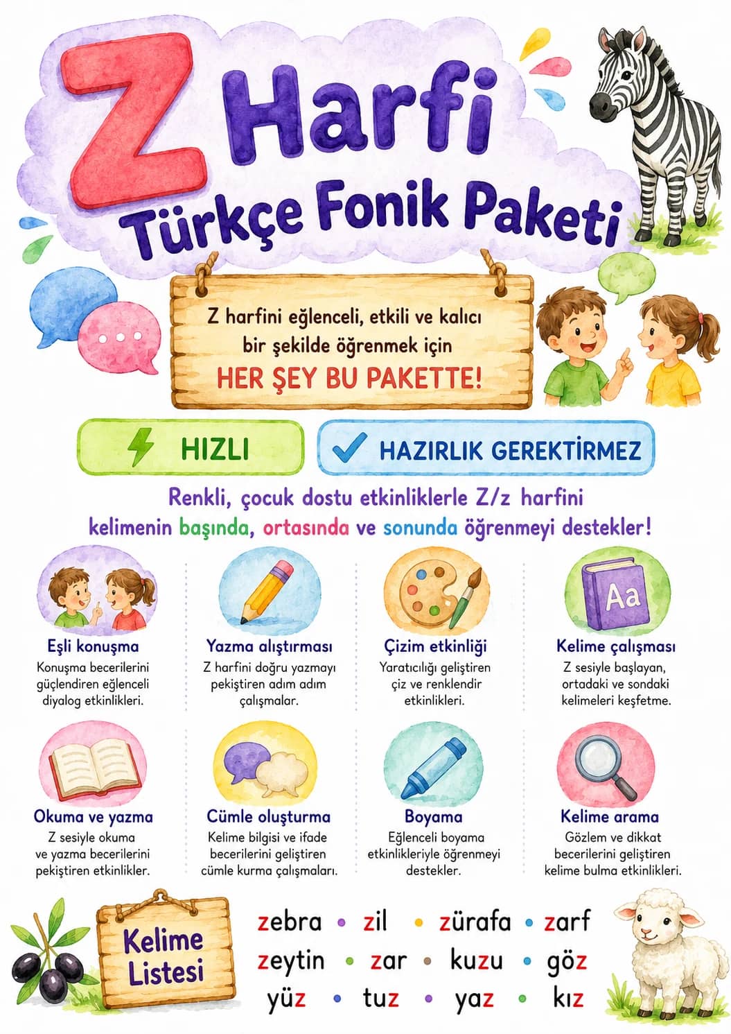 Turkish Letter Z Phonics Worksheets Pack printable worksheet pack preview from KiwiBee