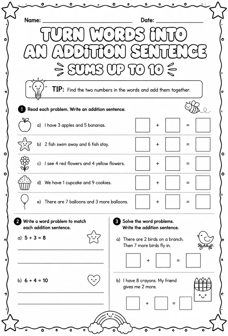 Turn words into an addition sentence - sums up to 10 — free printable Grade 1 math worksheet
