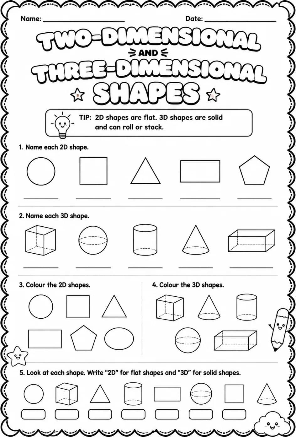 Two-dimensional and three-dimensional shapes — free printable Grade 1 math worksheet