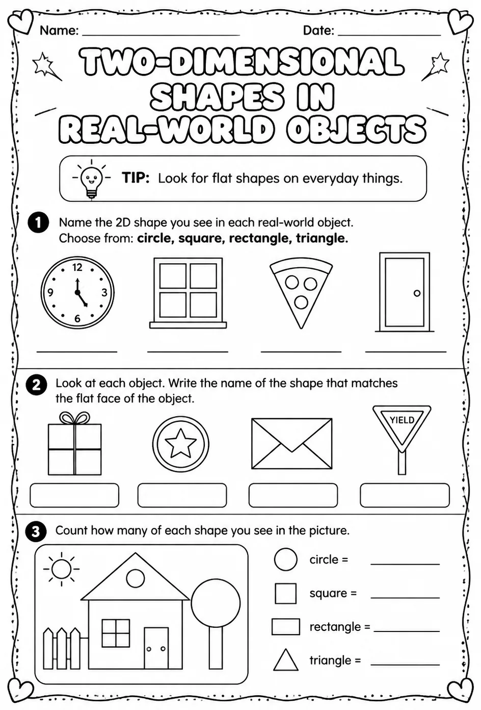 Two-dimensional shapes in real-world objects — free printable Grade 1 math worksheet