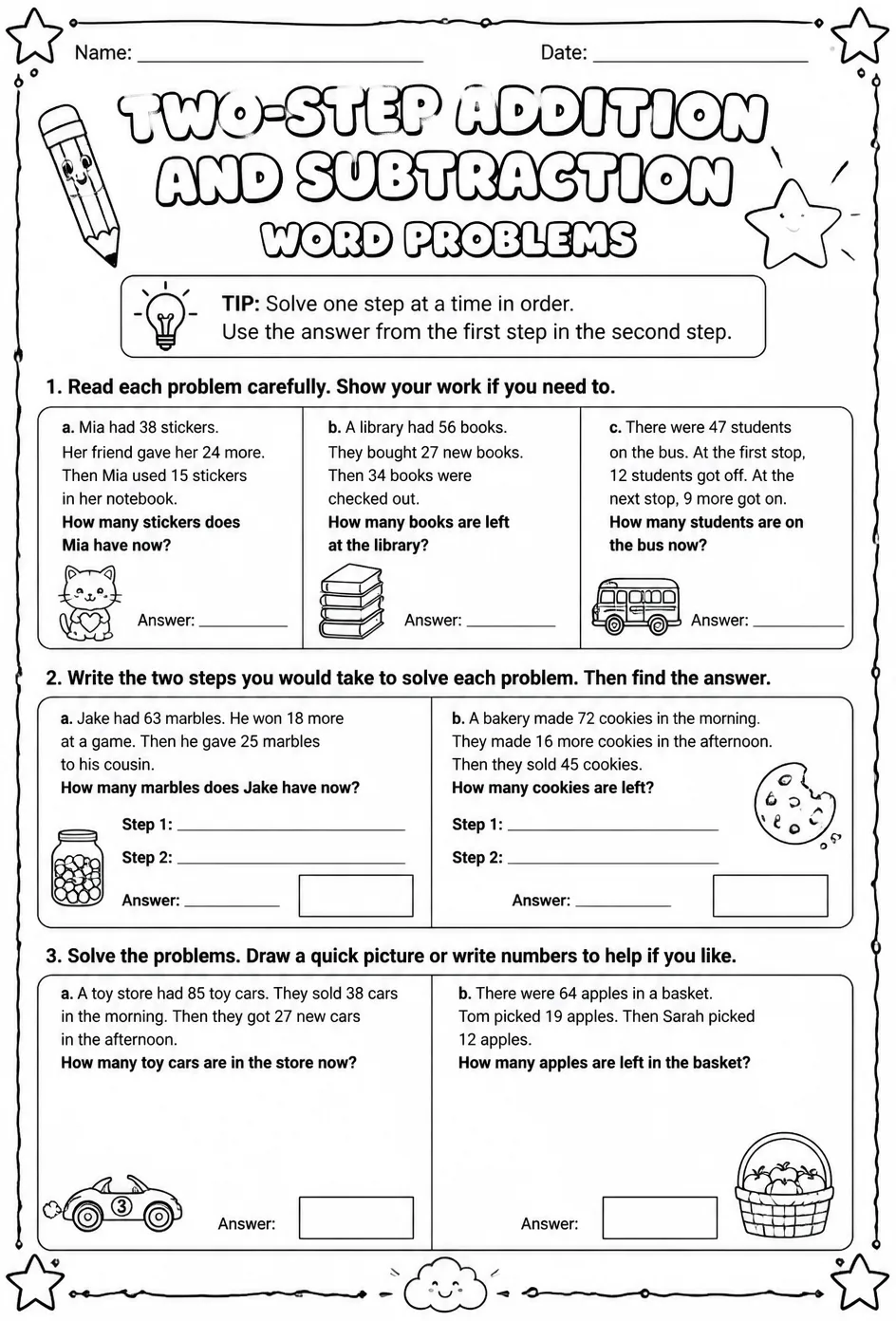 Two-step addition and subtraction word problems — free printable Grade 3 math worksheet