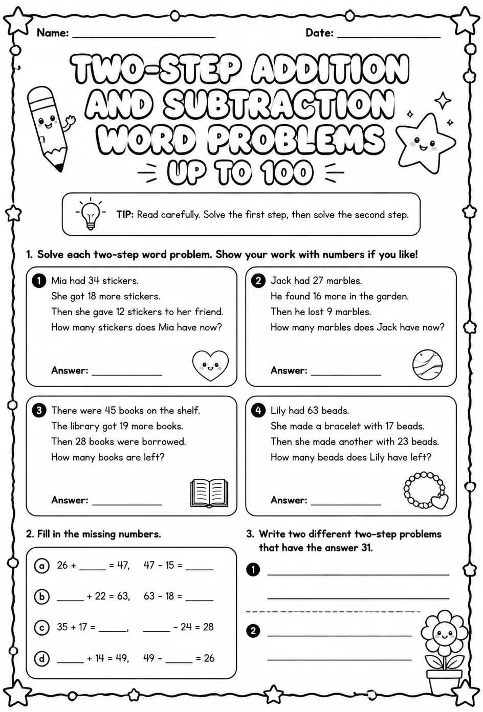 Two-step addition and subtraction word problems - up to 100 — free printable Grade 2 math worksheet