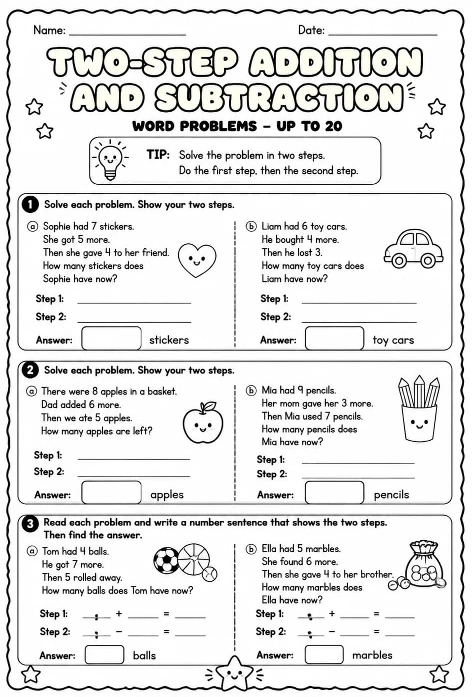 Two-step addition and subtraction word problems - up to 20 — free printable Grade 2 math worksheet