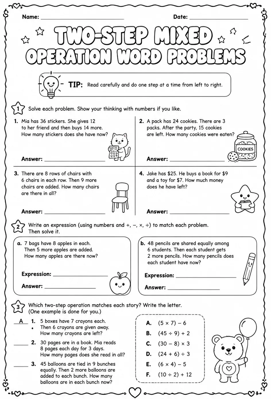 Two-step mixed operation word problems — free printable Grade 3 math worksheet