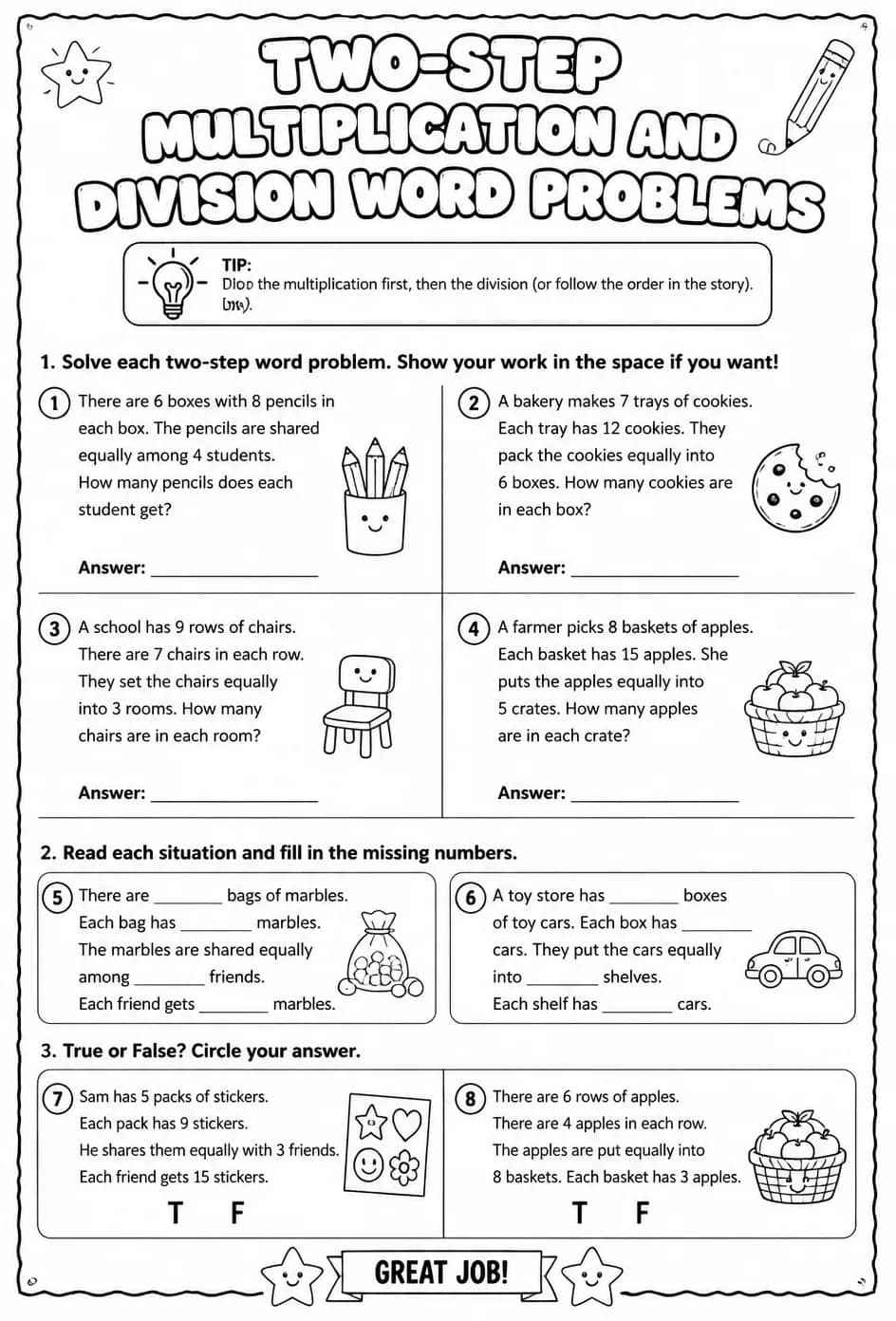 Two-step multiplication and division word problems — free printable Grade 3 math worksheet