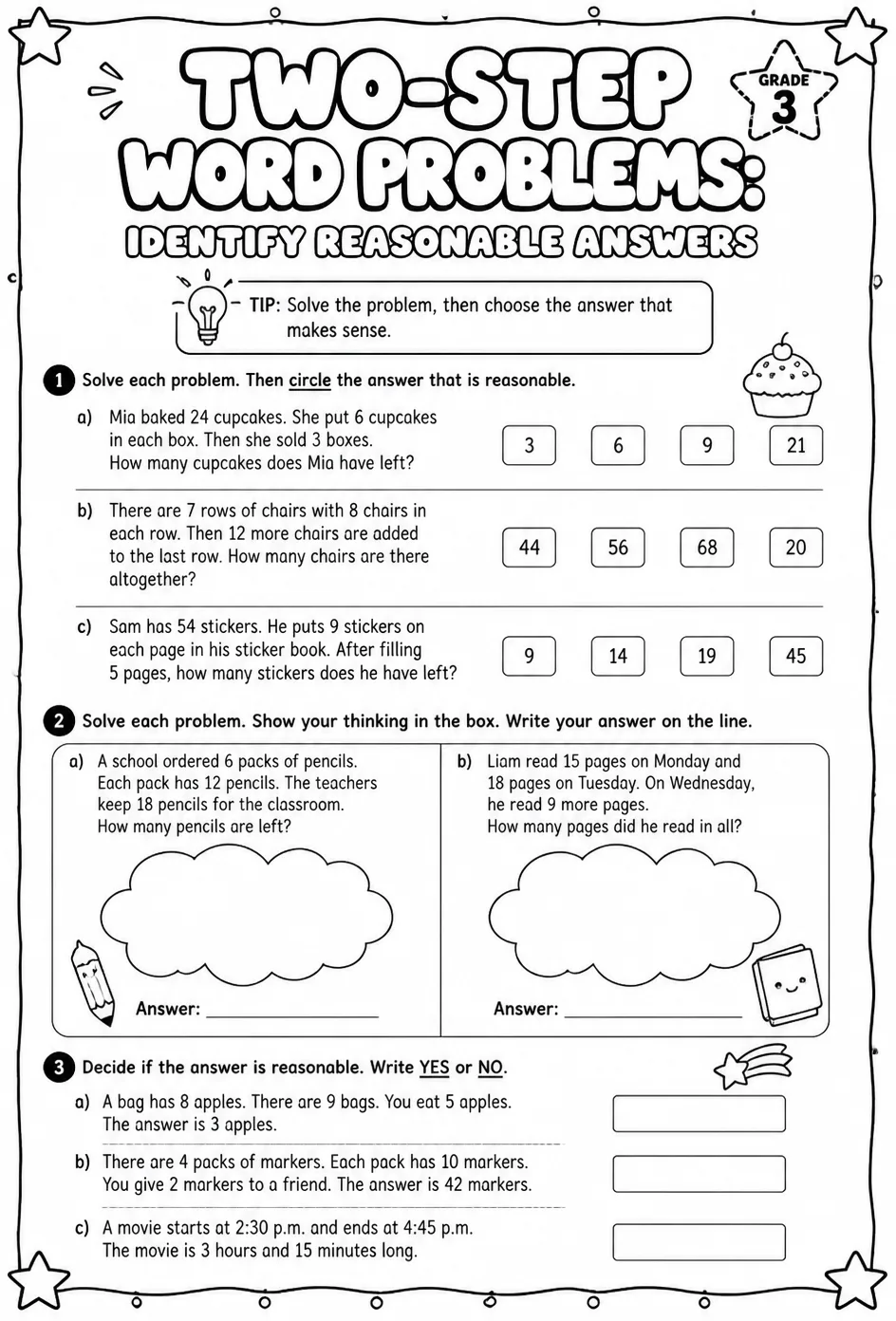 Two-step word problems: identify reasonable answers — free printable Grade 3 math worksheet