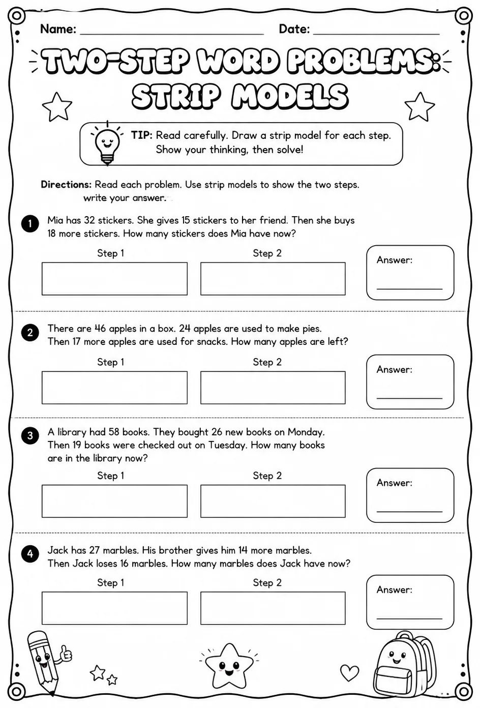 Two-step word problems: represent and solve using strip models — free printable Grade 3 math worksheet