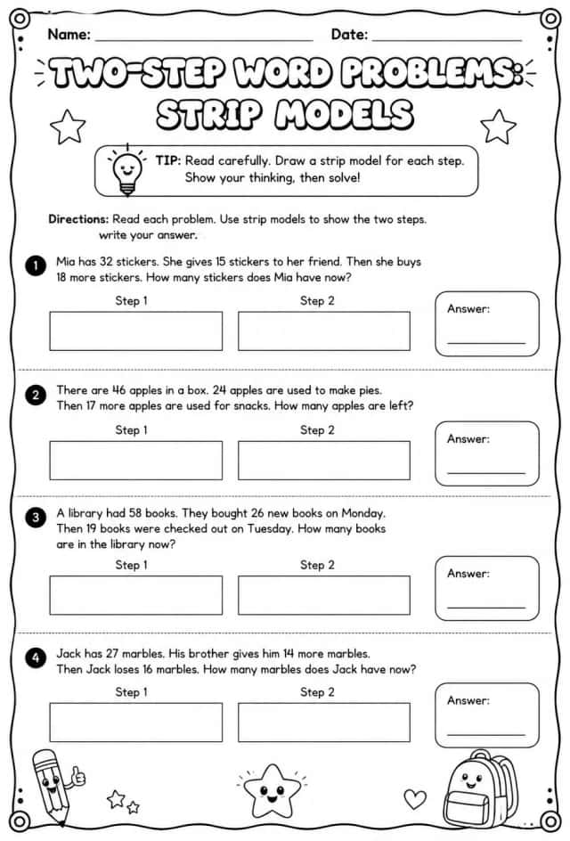 Two-step word problems: represent and solve using strip models