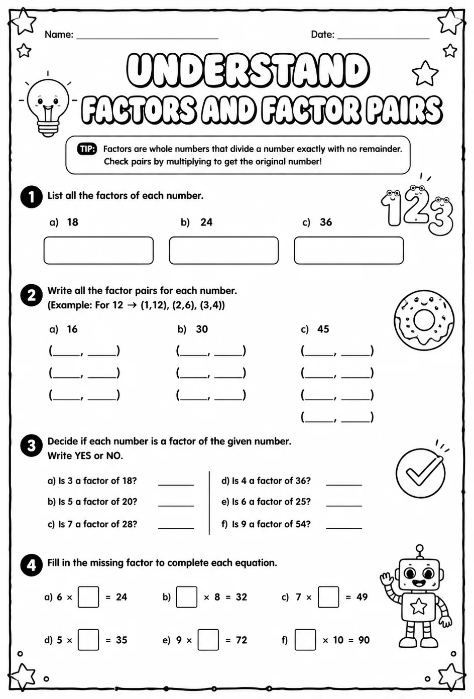 Understand factors and factor pairs — free printable Grade 4 math worksheet