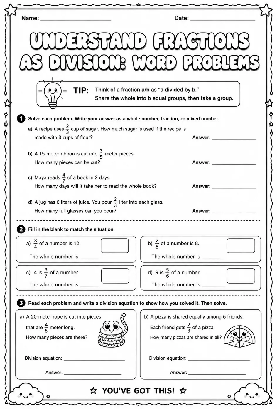 Understand fractions as division: word problems — free printable Grade 5 math worksheet