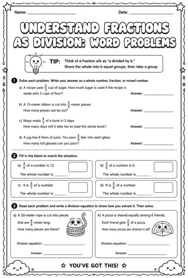 Understand fractions as division: word problems