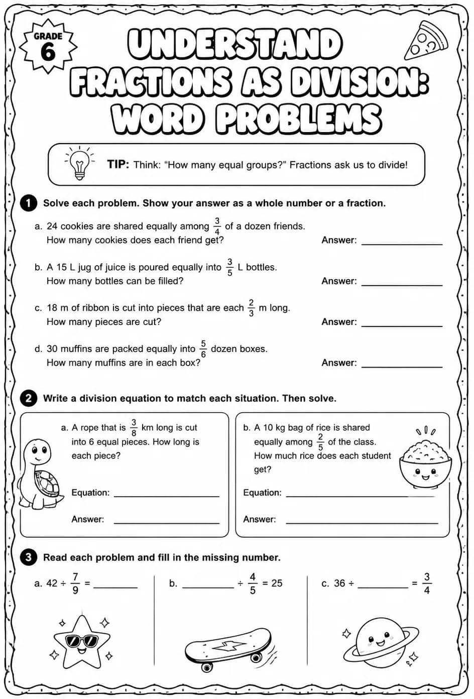 Understand fractions as division: word problems — free printable Grade 6 math worksheet