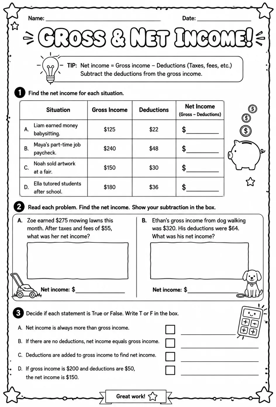 Understand gross and net income — free printable Grade 5 math worksheet