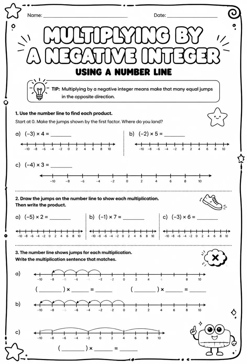 Understand multiplying by a negative integer using a number line — free printable Grade 7 math worksheet