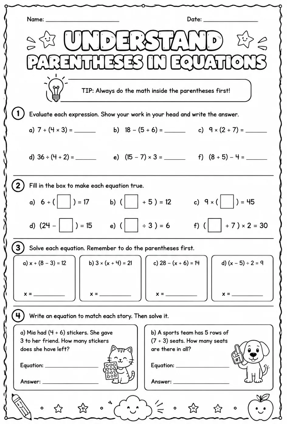 Understand parentheses in equations — free printable Grade 4 math worksheet