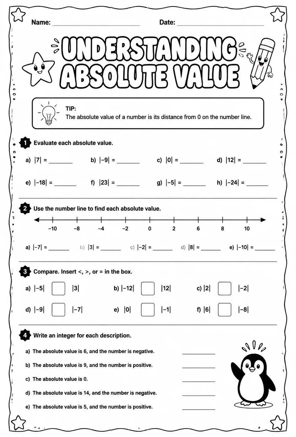 Understanding absolute value — free printable Grade 6 math worksheet
