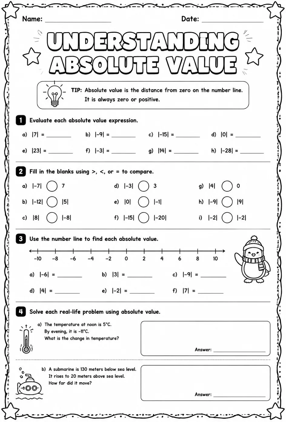 Understanding absolute value — free printable Grade 7 math worksheet