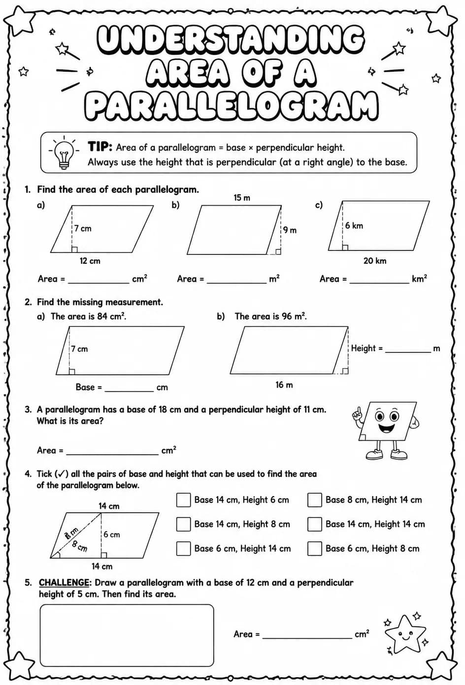 Understanding area of a parallelogram — free printable Grade 6 math worksheet