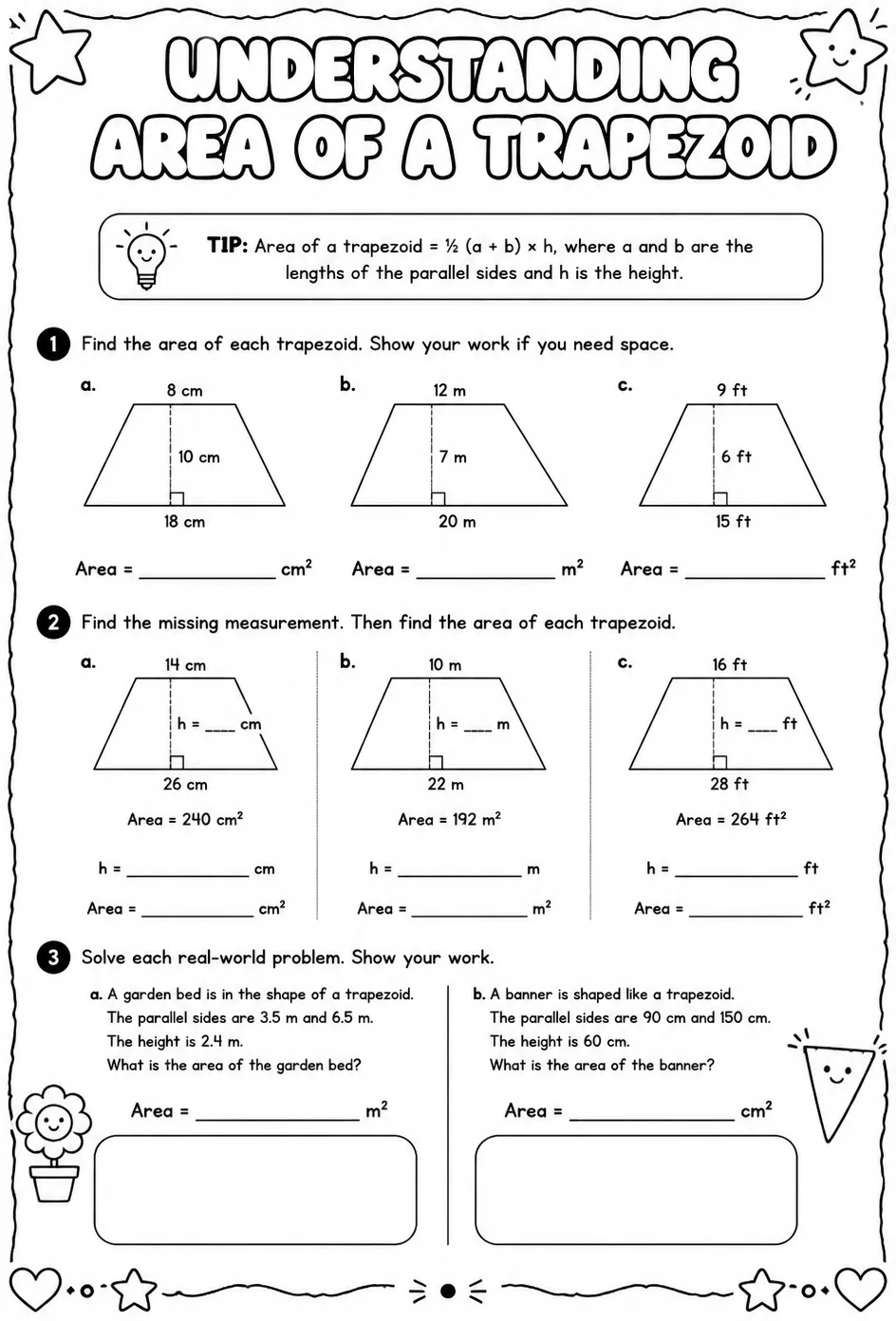 Understanding area of a trapezoid — free printable Grade 6 math worksheet