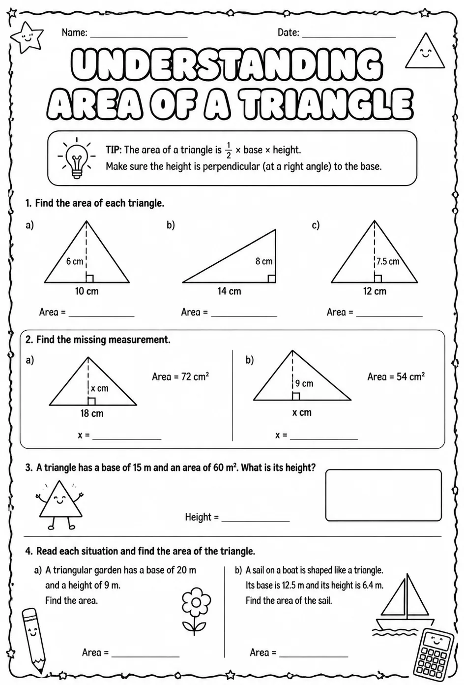 Understanding area of a triangle — free printable Grade 6 math worksheet