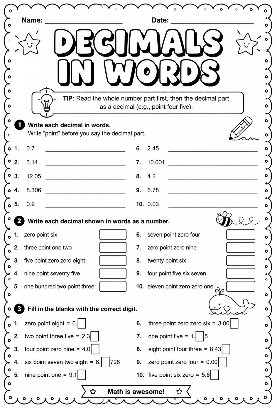 Understanding decimals expressed in words — free printable Grade 4 math worksheet