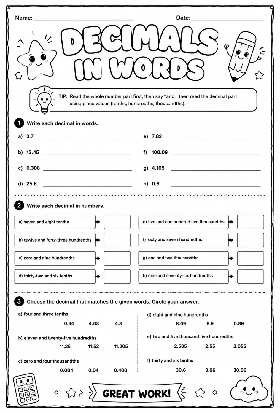 Understanding decimals expressed in words — free printable Grade 5 math worksheet