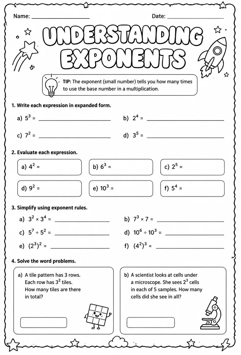 Understanding exponents — free printable Grade 7 math worksheet