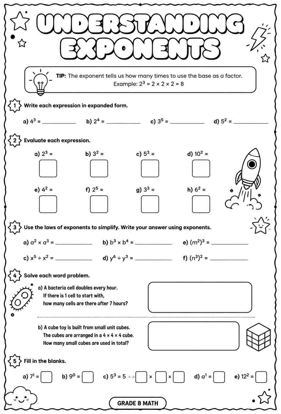Understanding exponents — free printable Grade 8 math worksheet