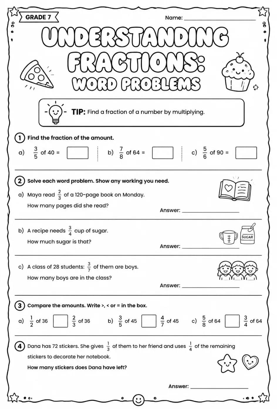 Understanding fractions: word problems — free printable Grade 7 math worksheet
