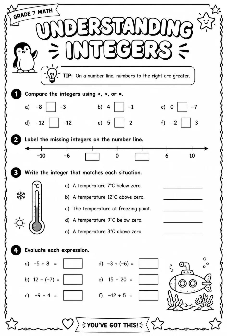 Understanding integers — free printable Grade 7 math worksheet