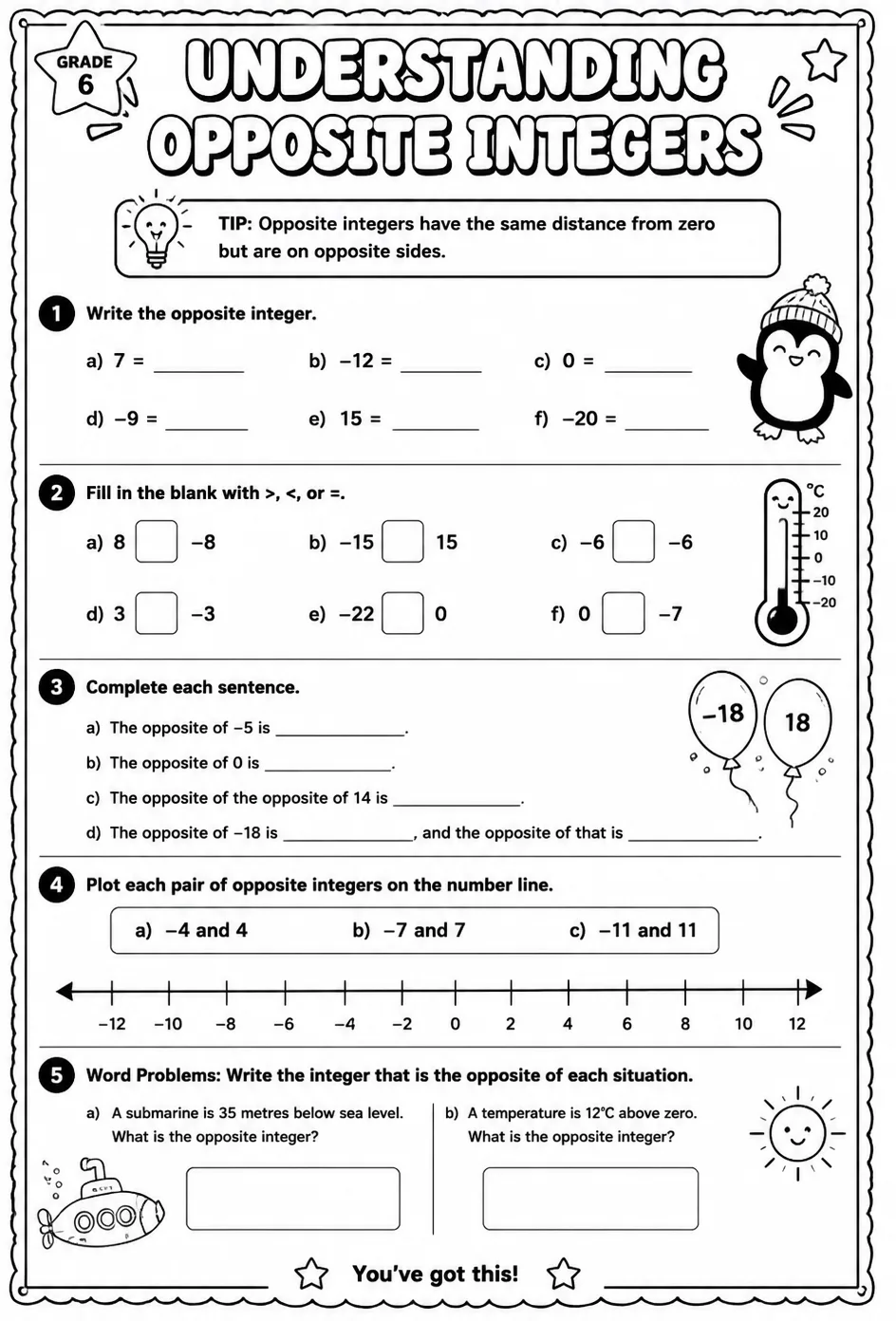 Understanding opposite integers — free printable Grade 6 math worksheet
