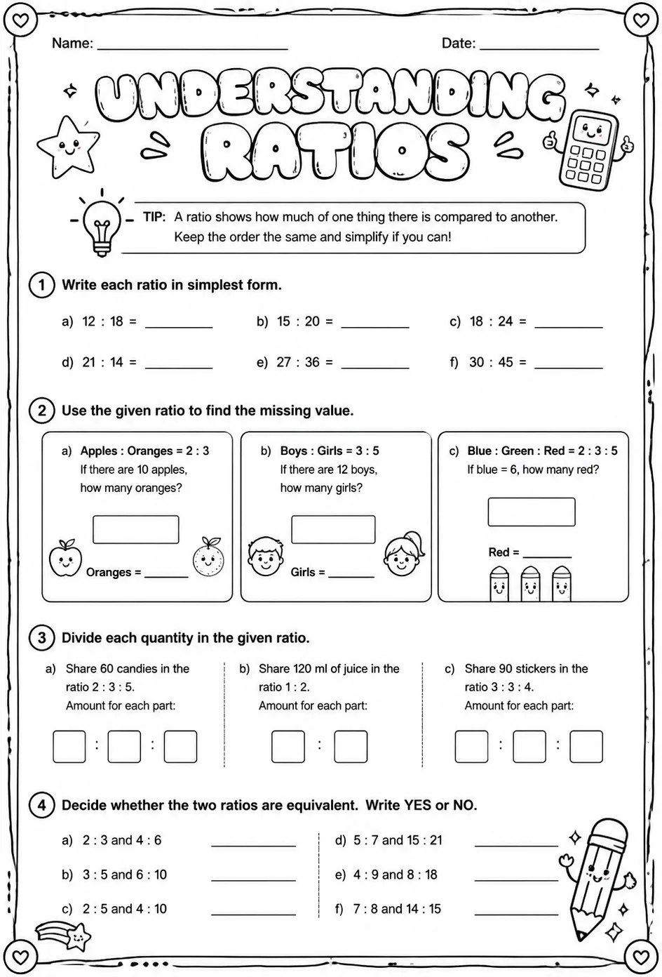 Understanding ratios — free printable Grade 7 math worksheet