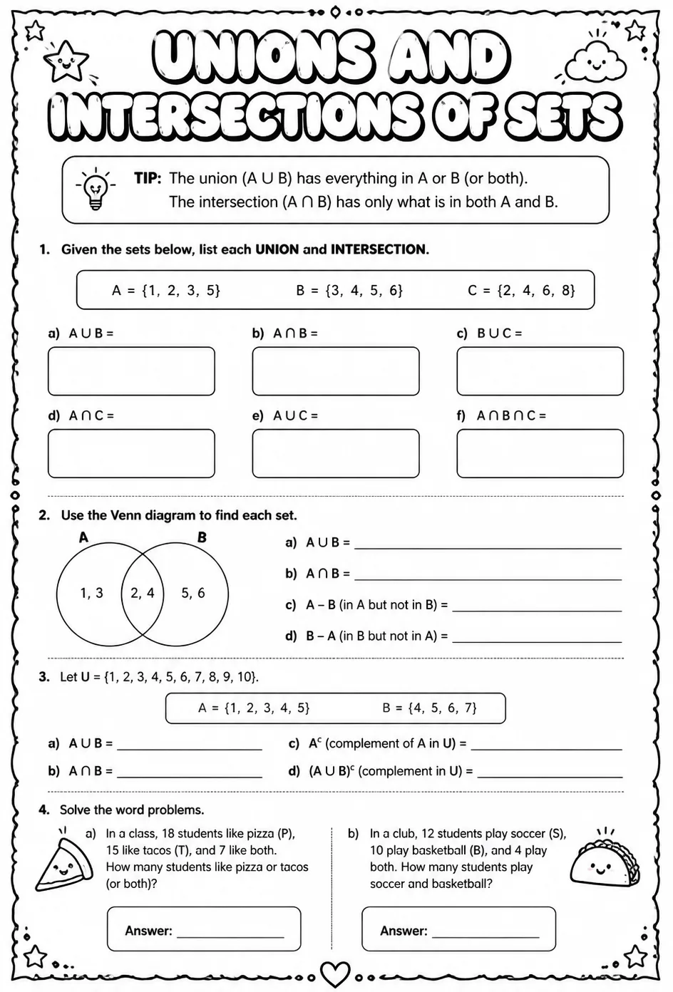 Unions and intersections of sets — free printable Algebra 1 math worksheet