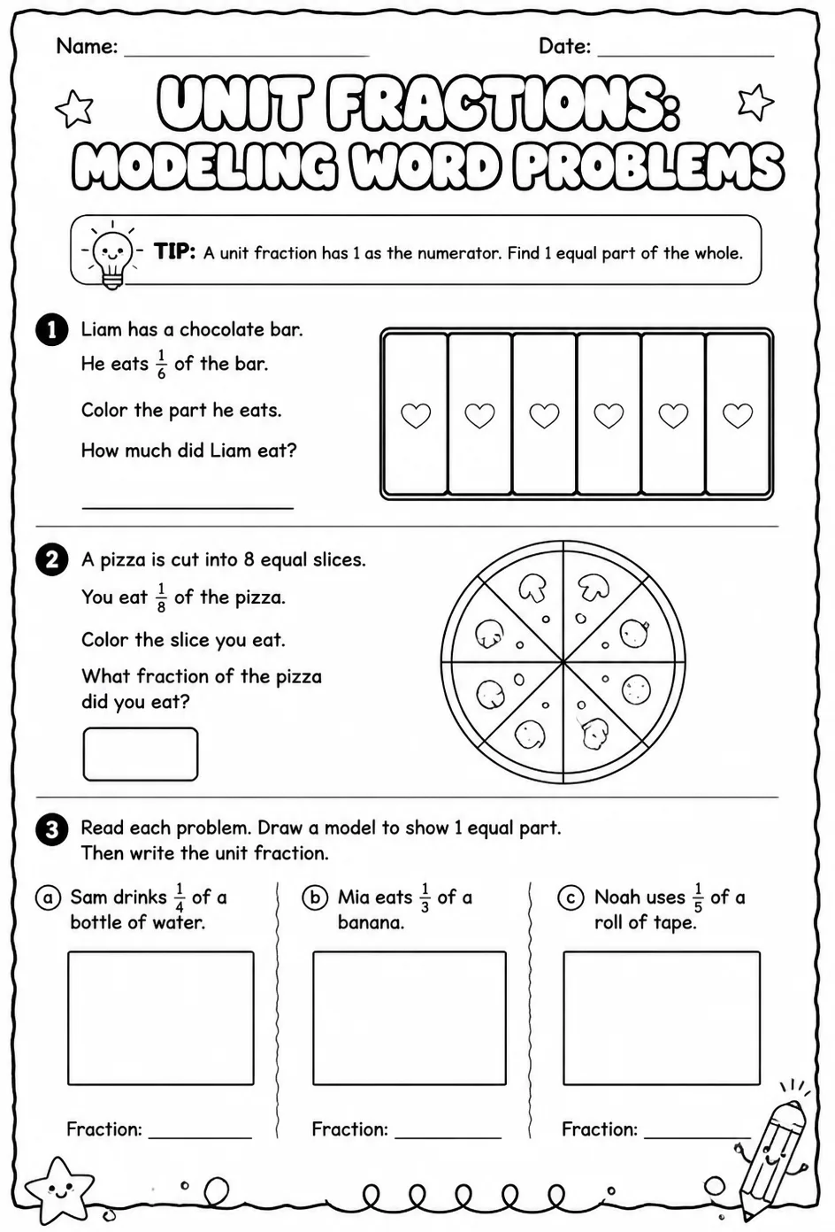 Unit fractions: modeling word problems — free printable Grade 3 math worksheet