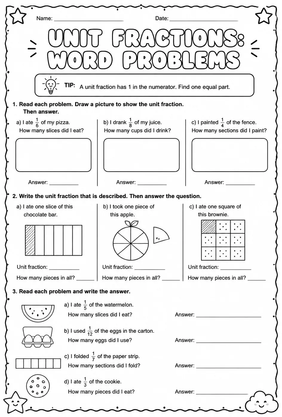 Unit fractions: word problems — free printable Grade 3 math worksheet