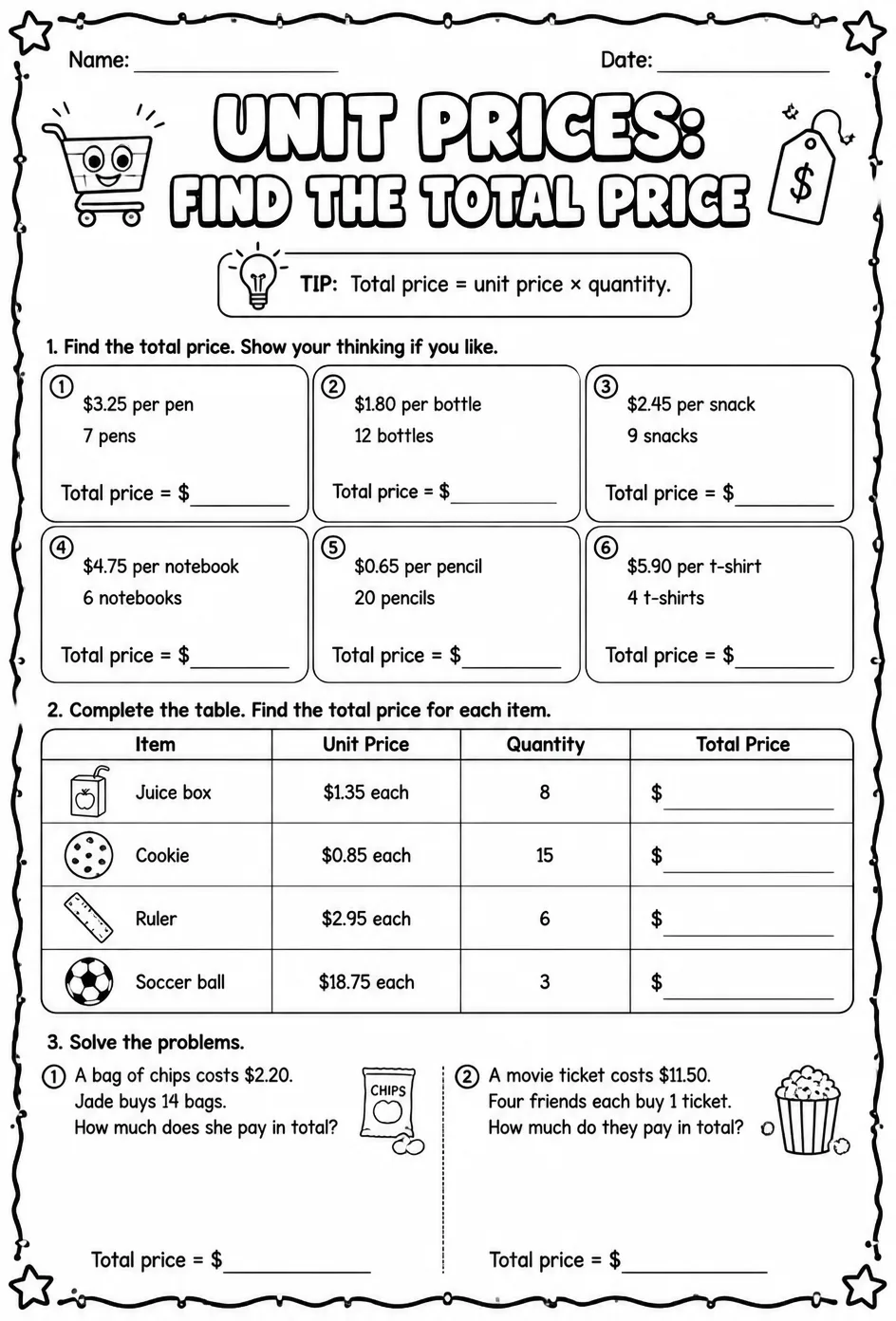 Unit prices: find the total price — free printable Grade 7 math worksheet