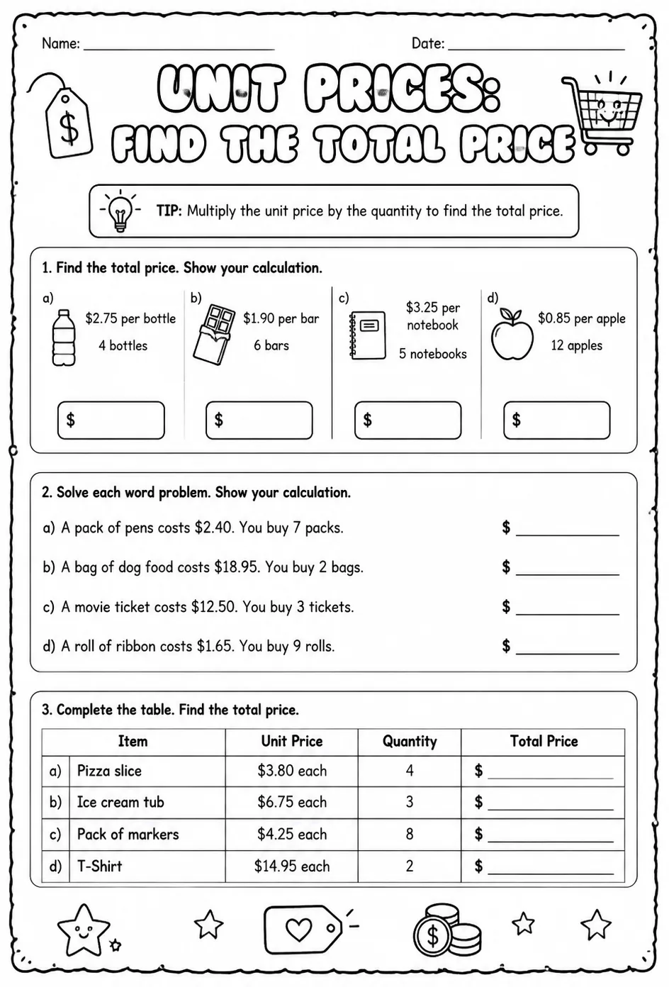 Unit prices: find the total price — free printable Grade 8 math worksheet