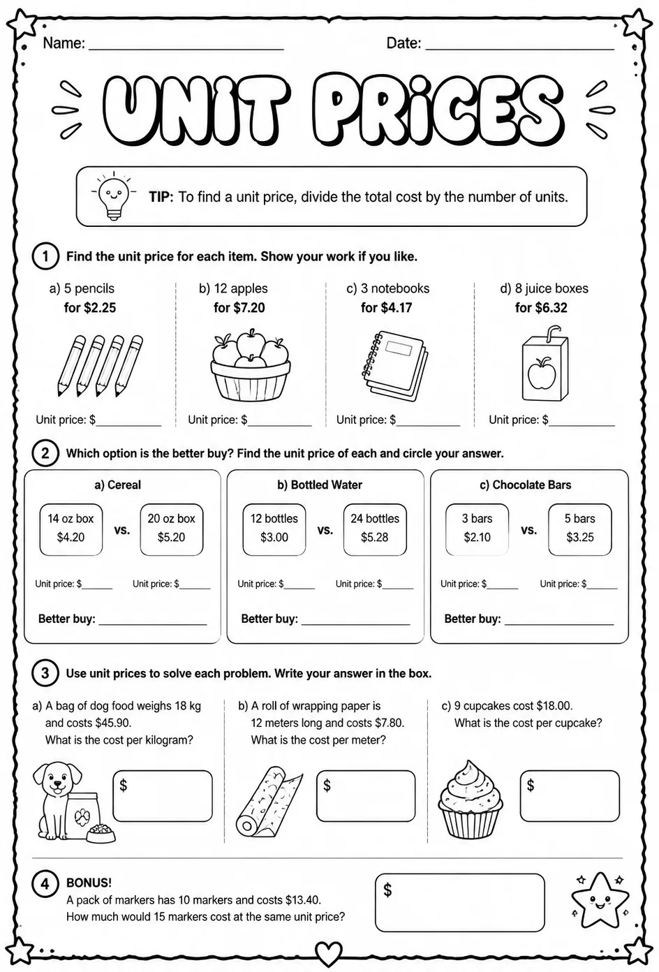Unit prices — free printable Grade 5 math worksheet