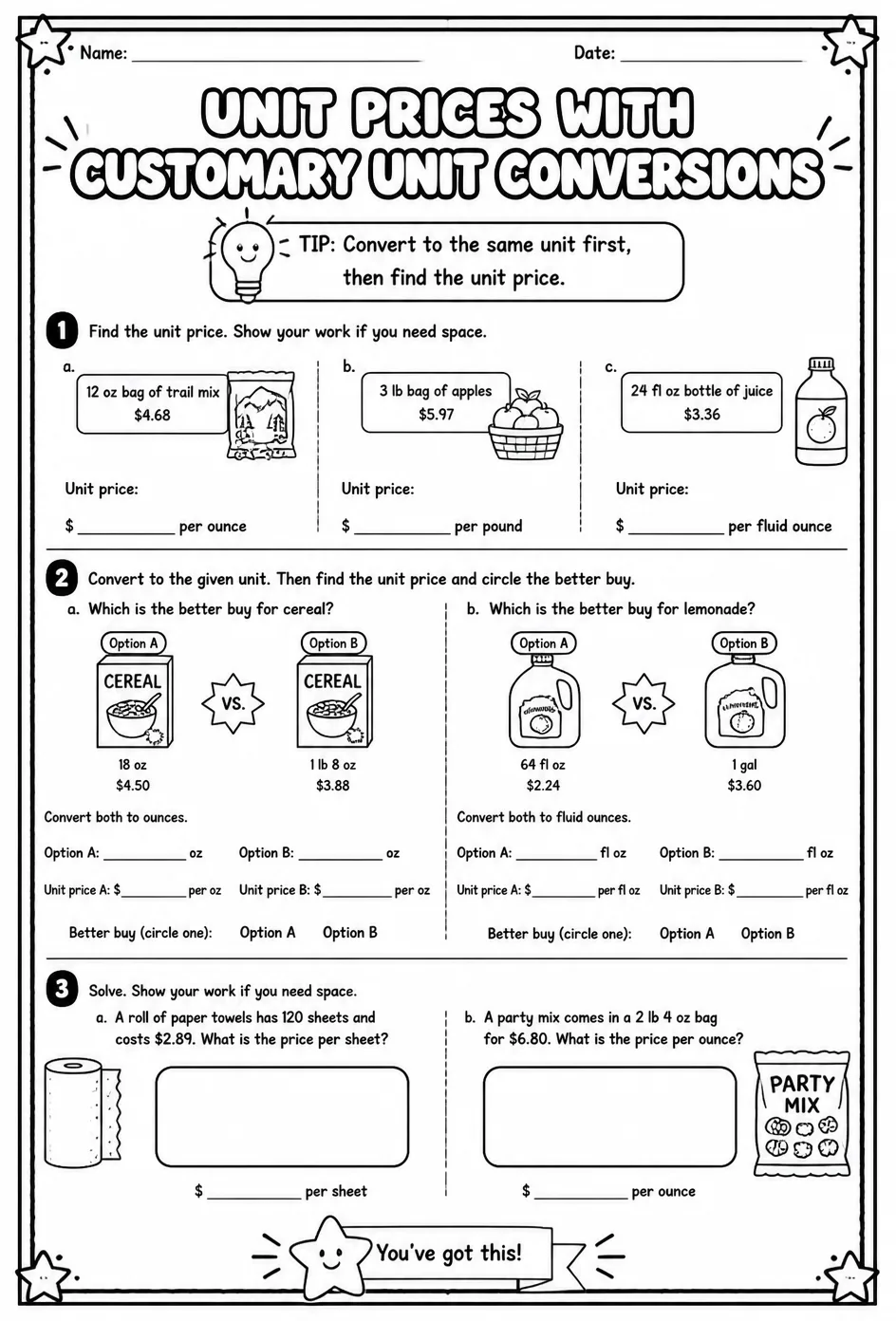 Unit prices with customary unit conversions — free printable Grade 6 math worksheet