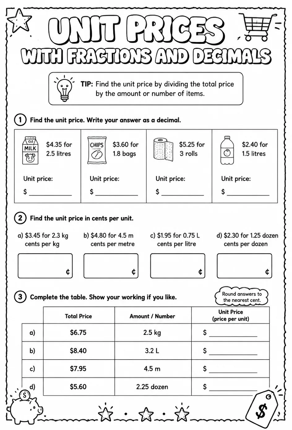 Unit prices with fractions and decimals — free printable Grade 6 math worksheet