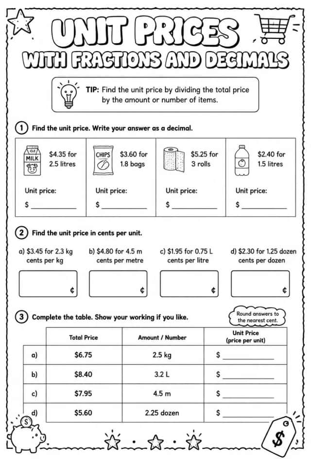 Unit prices with fractions and decimals