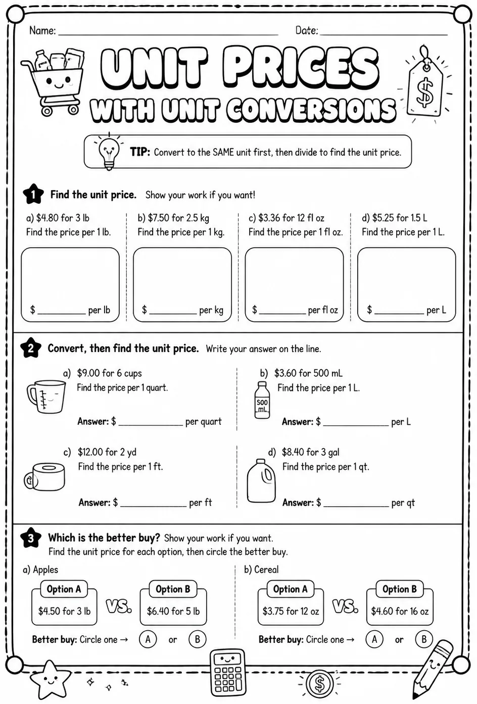 Unit prices with unit conversions — free printable Algebra 1 math worksheet