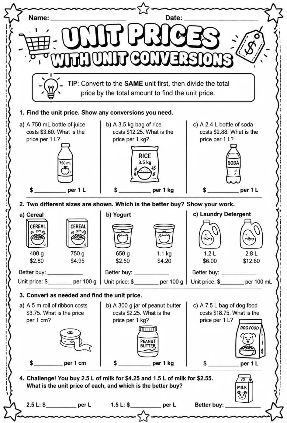 Unit prices with unit conversions — free printable Grade 7 math worksheet