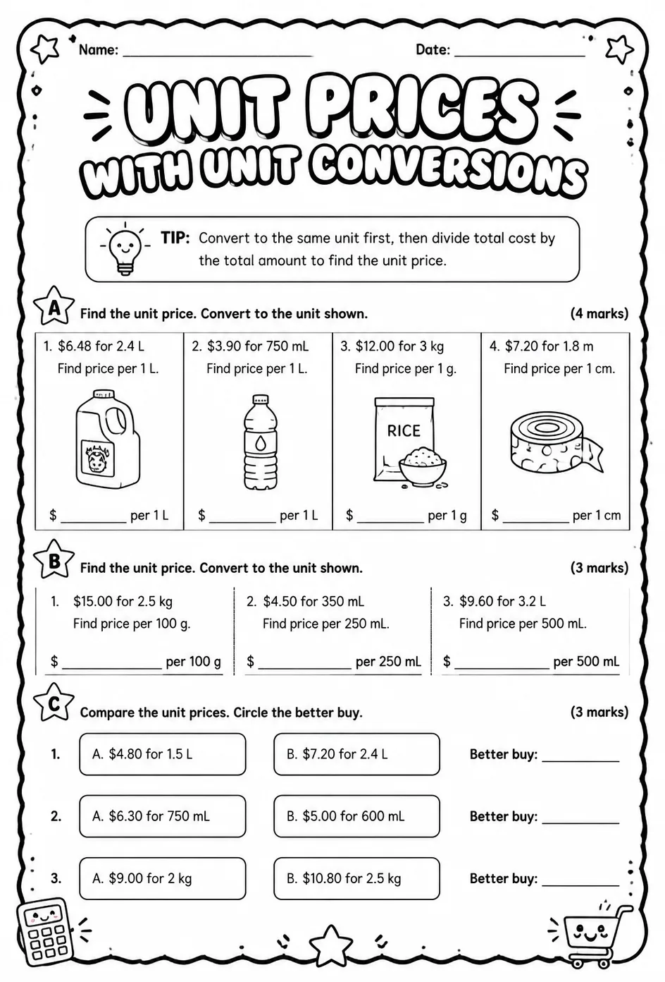 Unit prices with unit conversions — free printable Grade 8 math worksheet