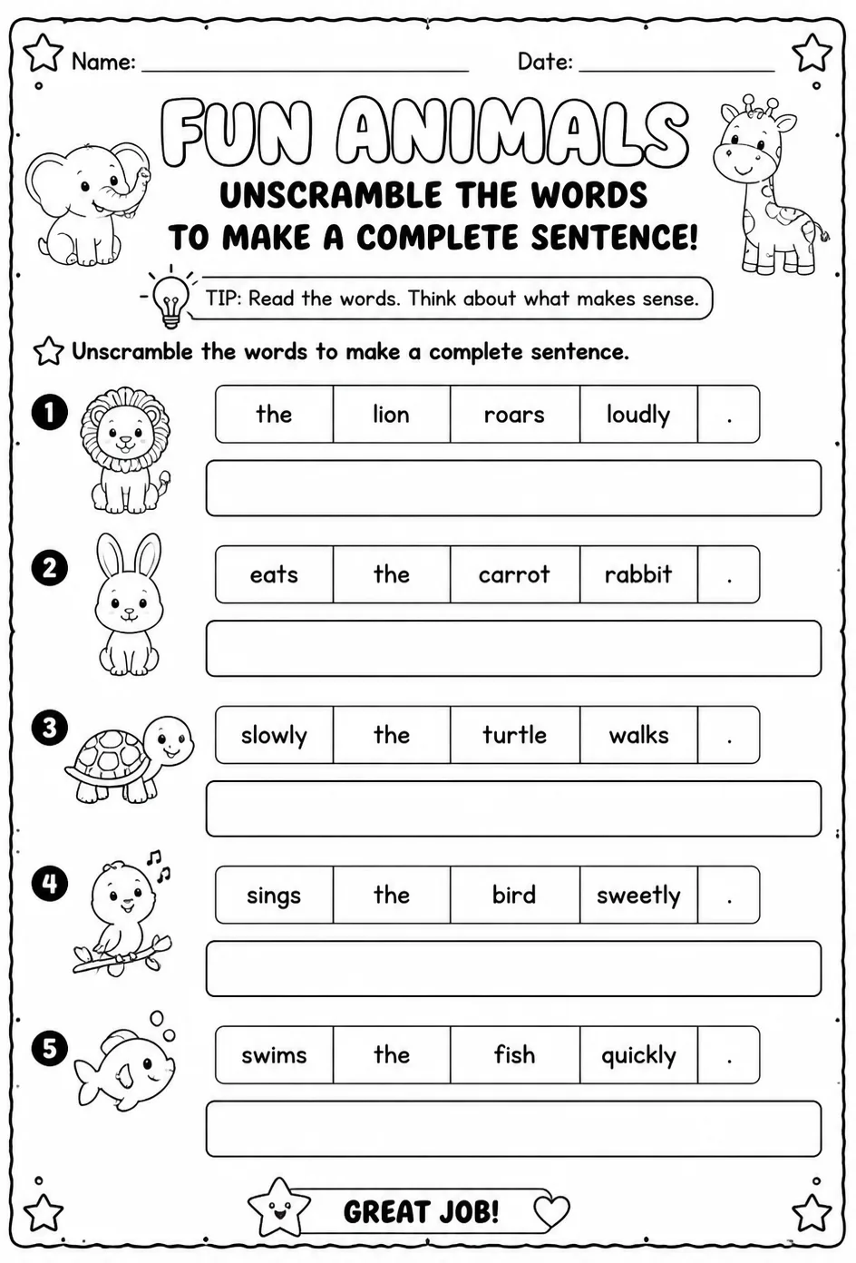Unscramble the words to make a complete sentence — free printable Kindergarten English & Reading worksheet