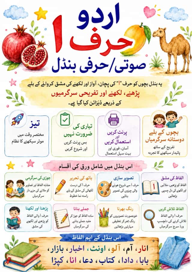 Urdu Letter ا Phonics Worksheets Pack