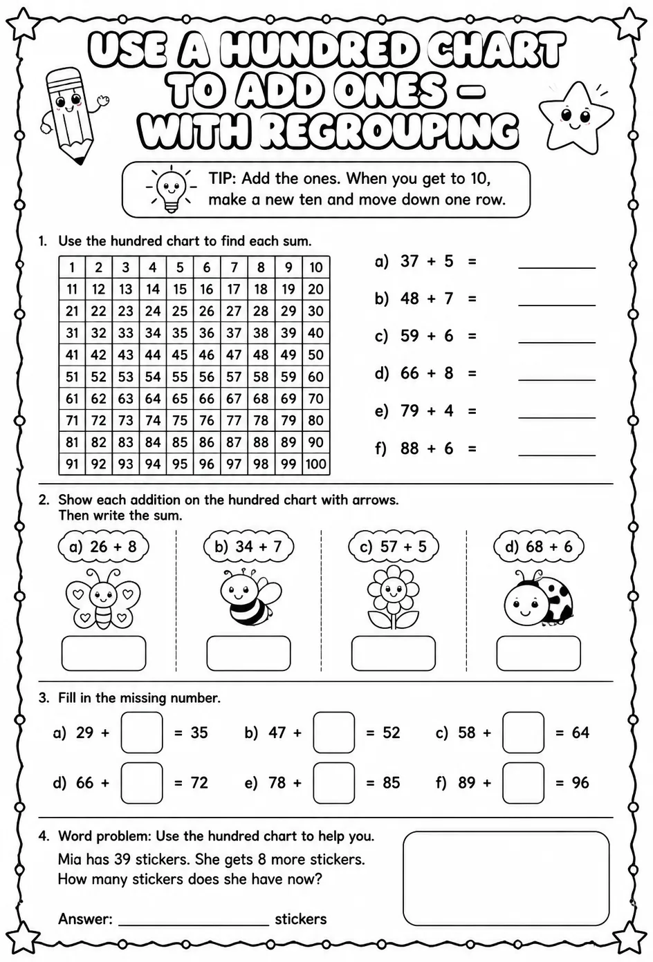 Use a hundred chart to add ones - with regrouping — free printable Grade 1 math worksheet