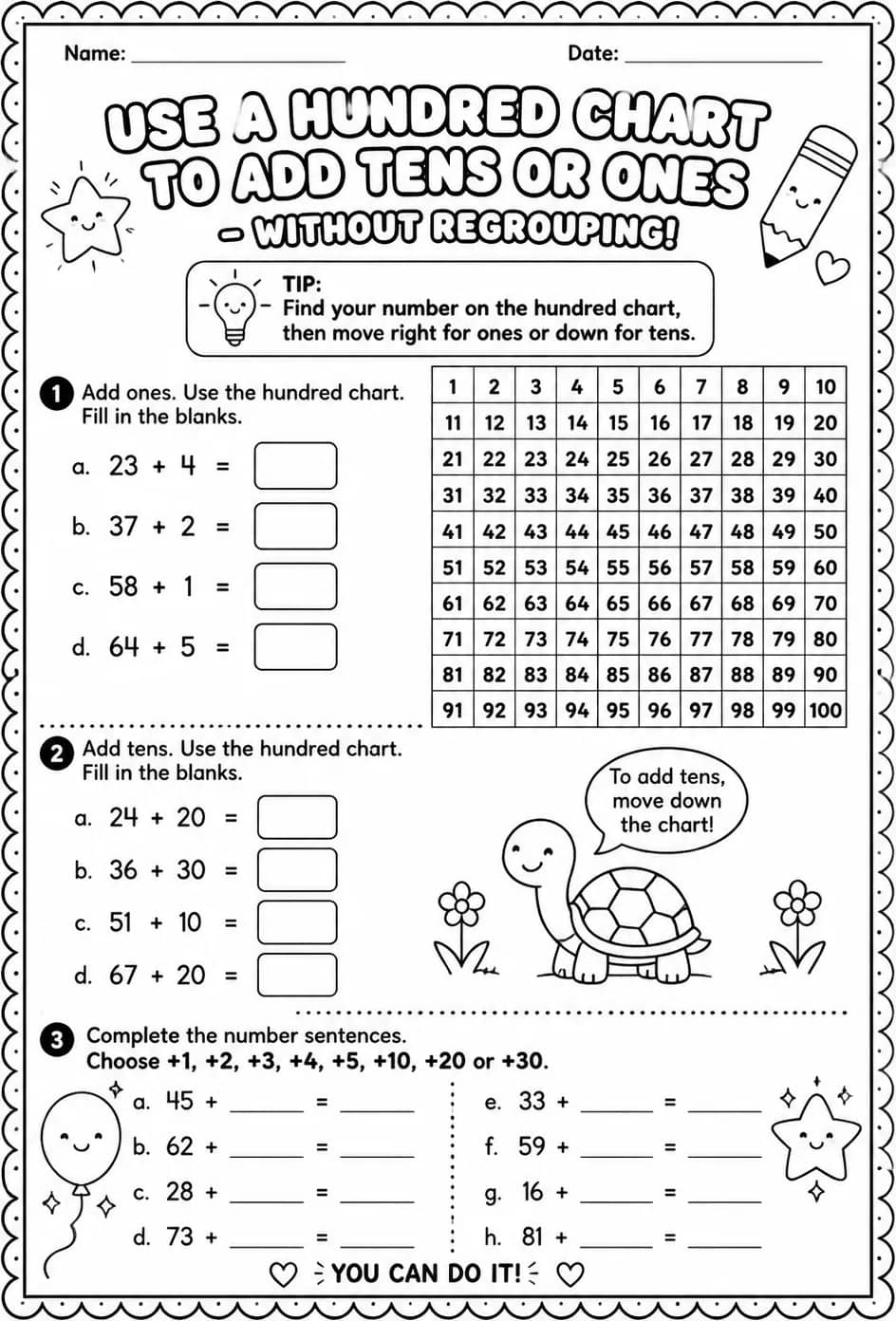 Use a hundred chart to add tens or ones - without regrouping — free printable Grade 1 math worksheet