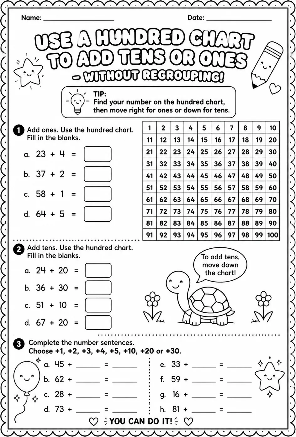Use a hundred chart to add tens or ones - without regrouping — free printable Grade 1 math worksheet